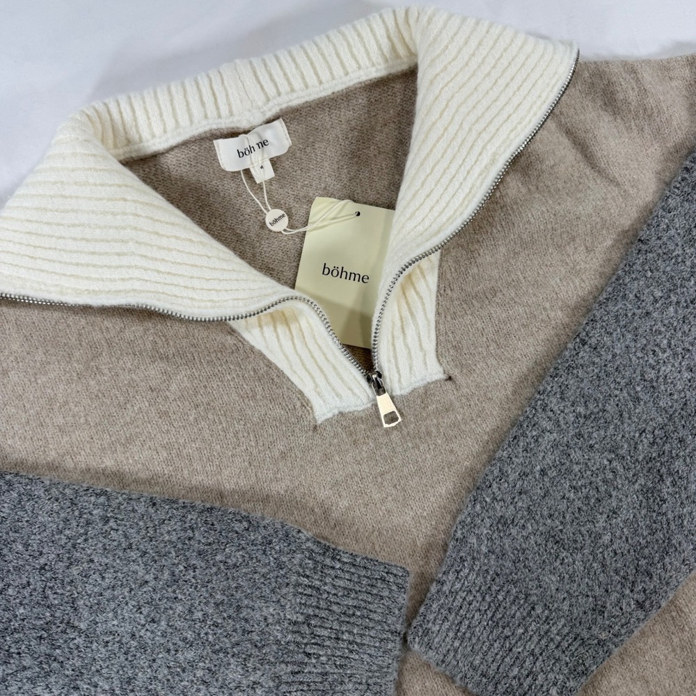 NWT Bohme Womens Oatmeal Colorblock Quarter Zip Pullover Sweater Size M